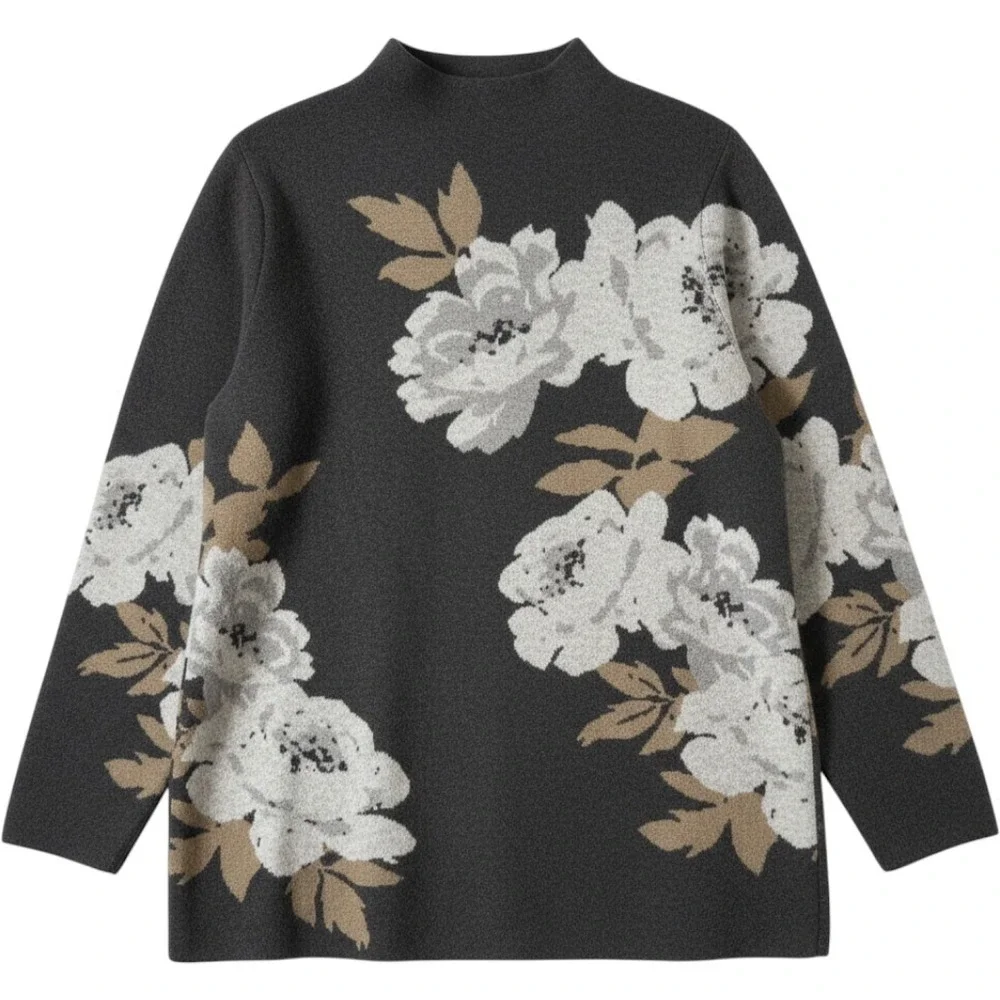 J. Jill Sweater XL Gray Floral Mock Neck Long Sleeve Cotton Blend Cottagecore